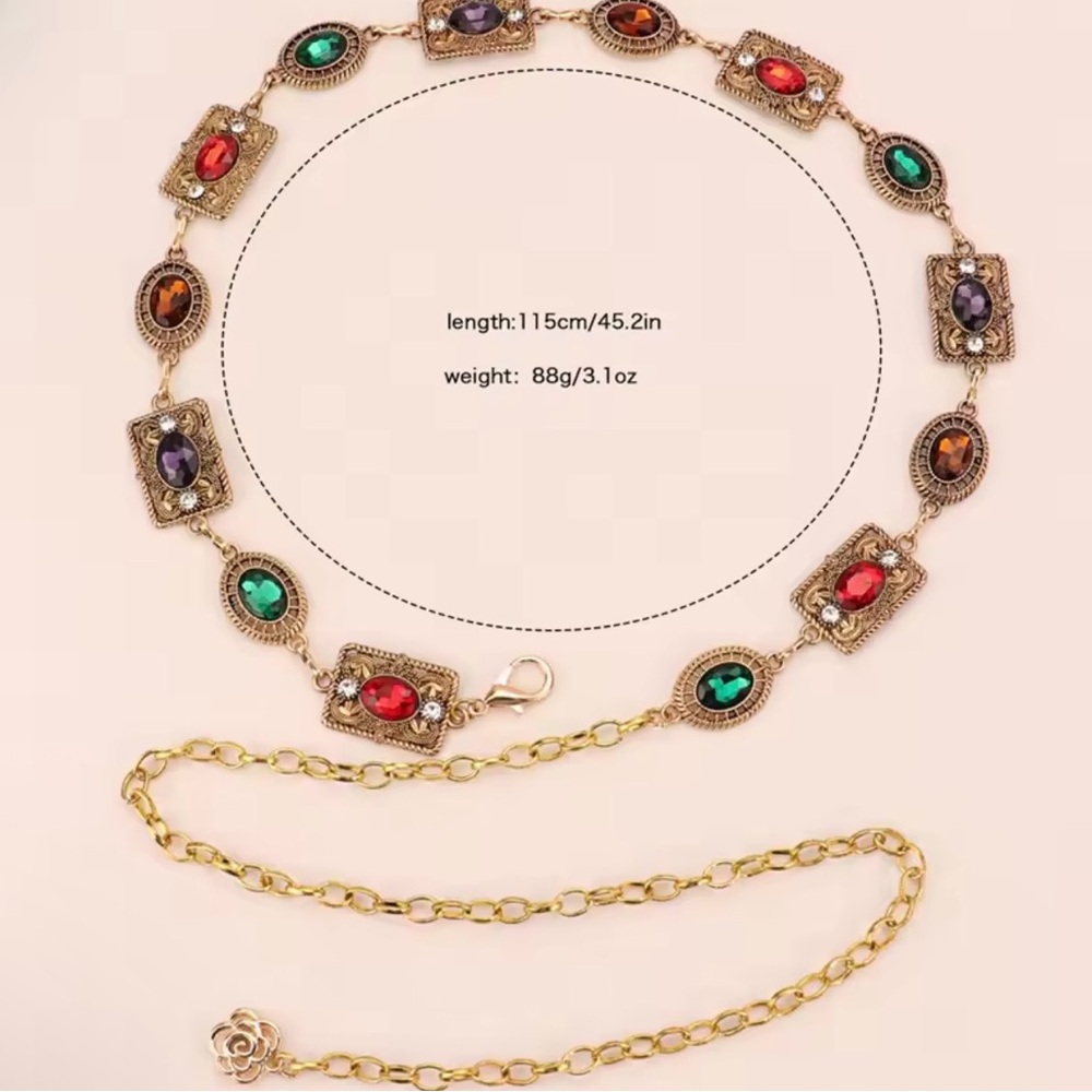 Retro Colorful Waist Multicolor Gemstone Chain Belt 44” - Picture 5 of 5